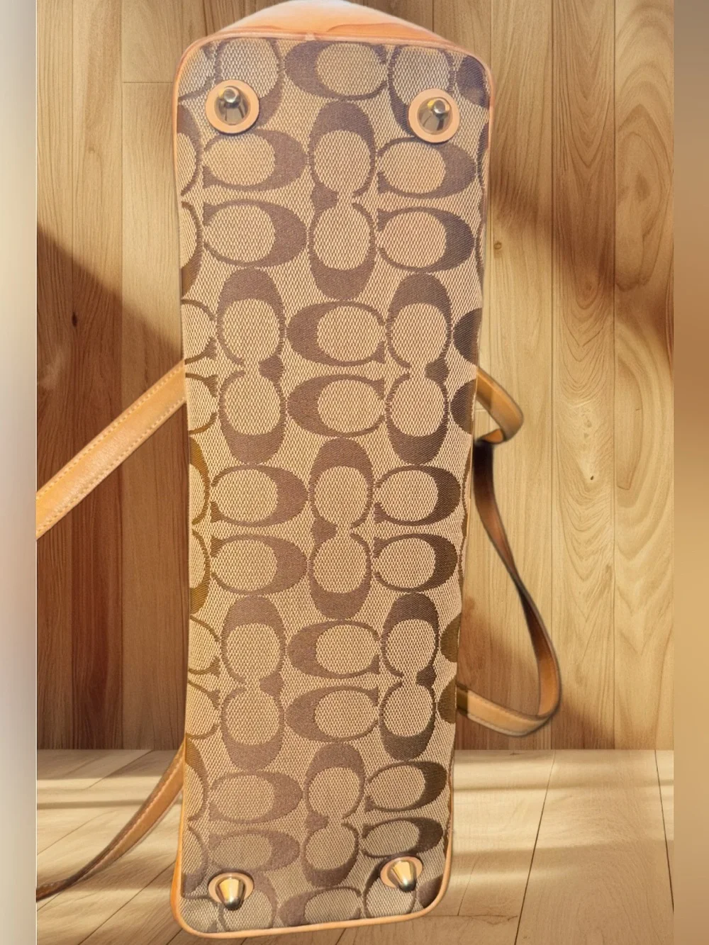 Coach Brown Signature Canvas Shoulder Bag with Tan Leather Trim